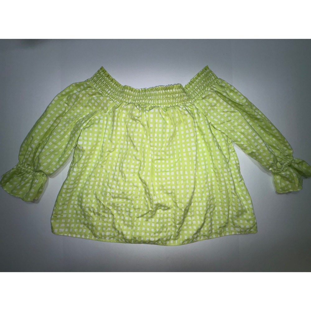 Crown Ivy Lime Green White Gingham Smocked Off Shoulder Crop Top Blouse Women XL